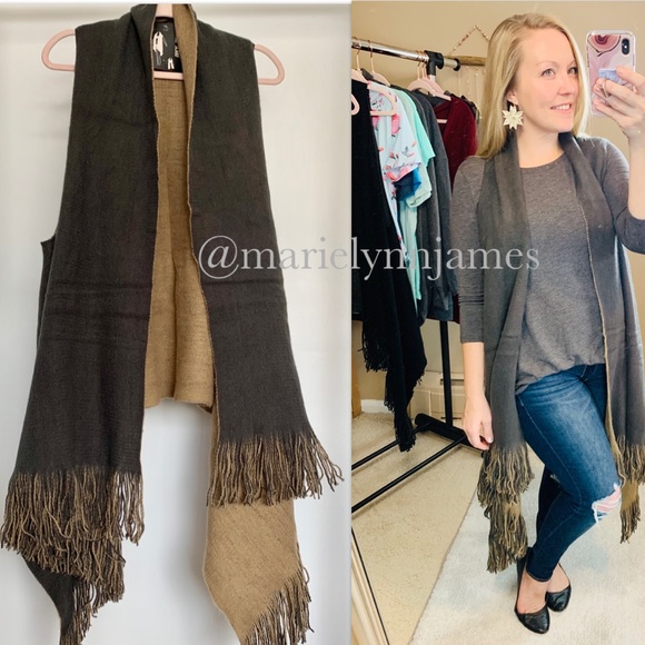 David & Young Accessories - Wrap Scarf With Armholes Gray Mustard Shawl OS